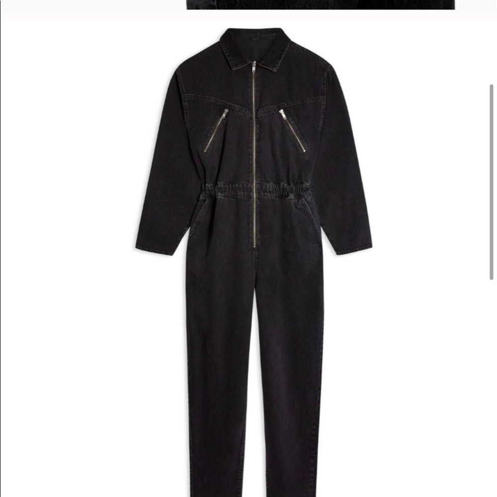 Topshop Black Cinched Denim Jumpsuit Boilersuit